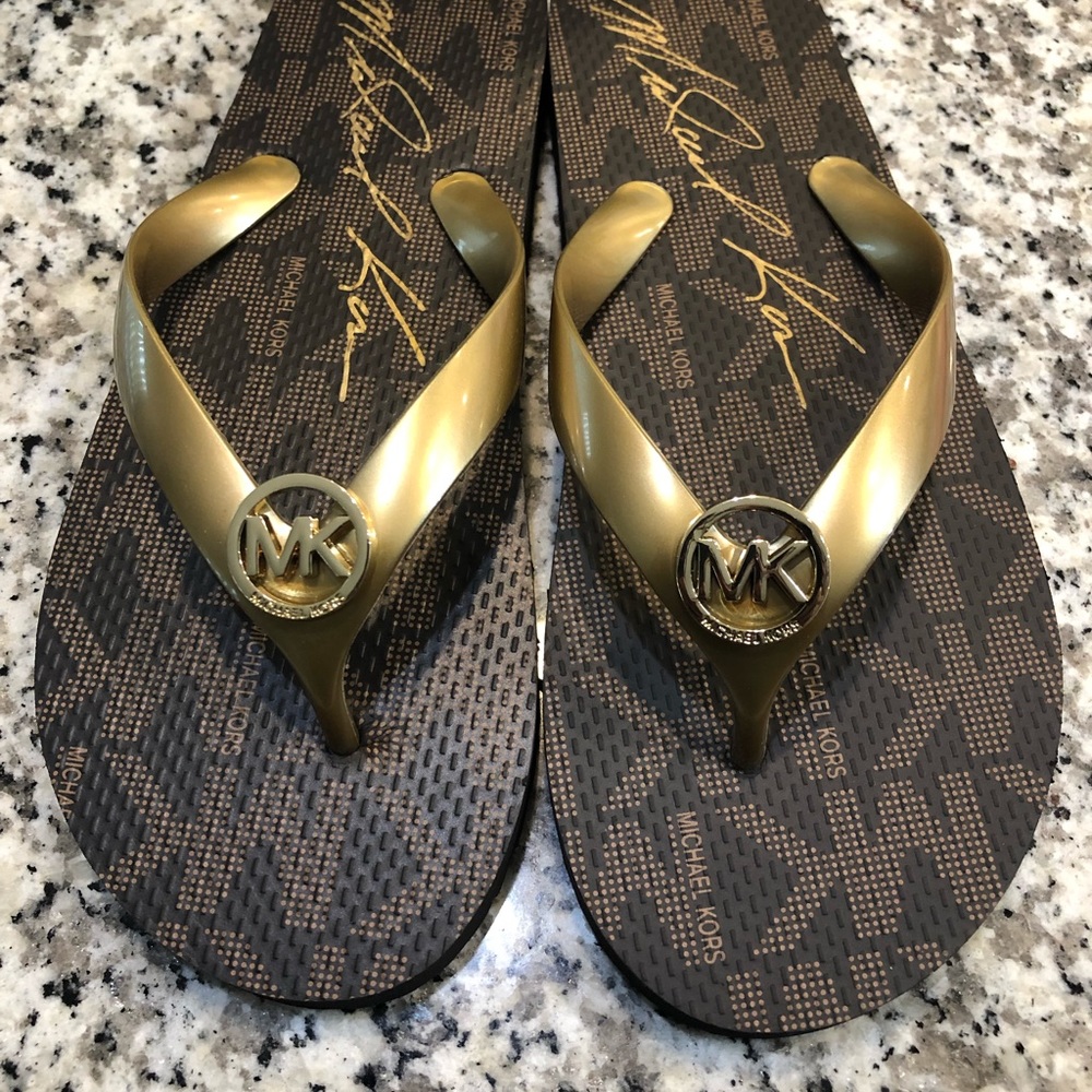 Michael Kors Flip Flop Gold and Brown